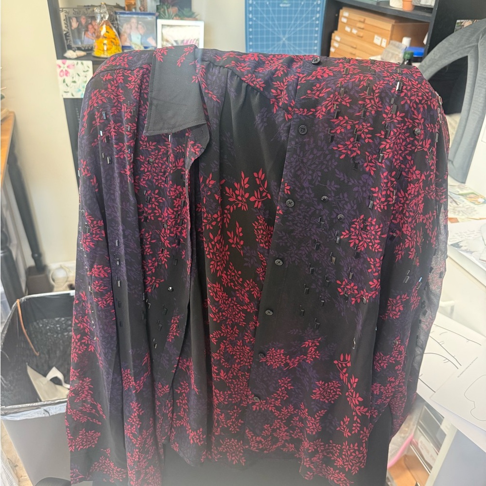 White House Black Market Black Jacket with Red Floral Motif